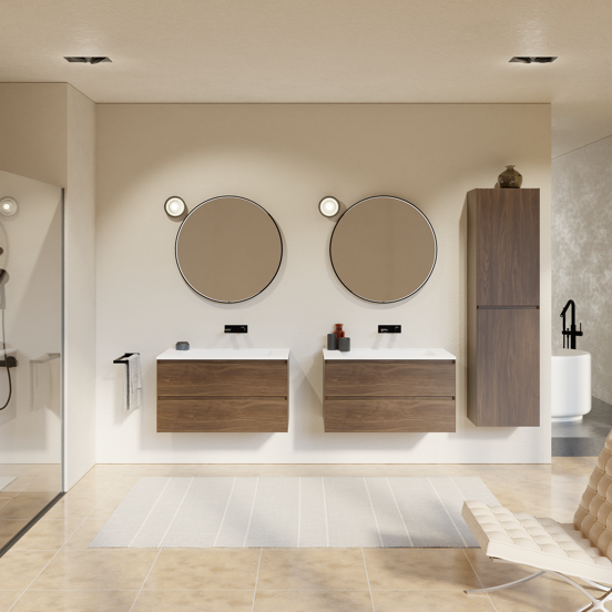Balmani Mitra meuble salle de bains suspendu 90 x 55 cm noyer américain avec Tablo Strada plan simple en marbre composite blanc mat