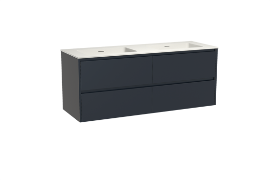 Storke Seda zwevend badkamermeubel 150 x 52 cm nachtblauw met Mata dubbele wastafel in solid surface mat wit