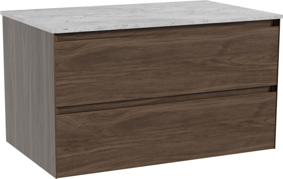 Balmani Mitra hängendes Möbelstück Set: 90 x 55 cm, Amerikanischer Nussbaum, mit Stretto Einzel Waschtischplatte, Marmor Carrara