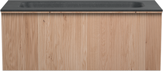 Balmani Forma zwevend badkamermeubel 120 x 55 cm natuur eik met Tablo Arcato enkele wastafel voor 2 kraangaten in graniet zwart, Verticale symmetrische rechte ribbel