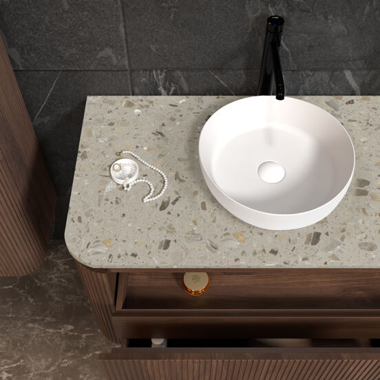 Balmani Moon zwevend badkamermeubel 100 x 55 cm amerikaanse notelaar met Moon enkel tablet in terrazzo greige terrazzo, Verticale symmetrische rechte ribbel