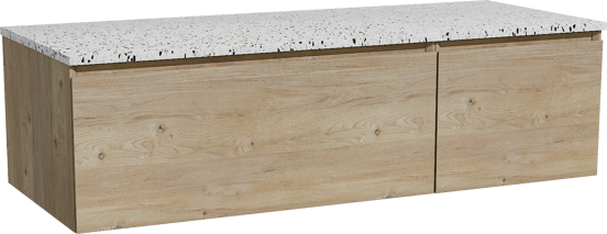 Storke Edge hängendes Möbelstück Set: 130 x 52 cm, Rohe Eiche, mit Tavola Einzel- oder Doppel Waschtischplatte, Terrazzo in Weiß/Schwarz matt