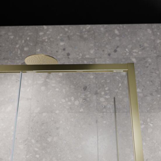 Balmani Senses Design Eckdusche: Schiebetür (Links) mit fixierte Seitenwand, 140 x 90 cm, Klarglas, Profil Brushed Champagne Gold