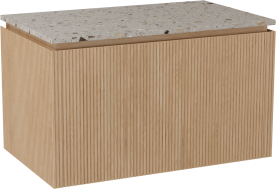 Balmani Eclips meuble salle de bains suspendu 90 x 55 cm Chêne naturelle avec Stretto tablette simple en Terrazzo greige, Nervure droite symétrique verticale