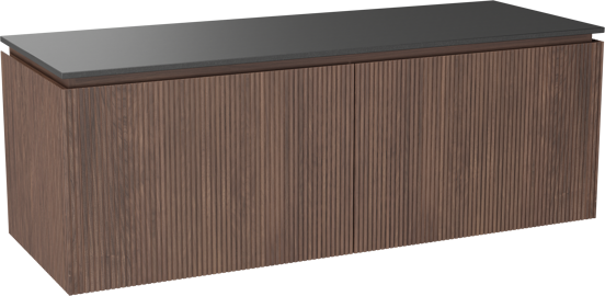 Balmani Eclips meuble salle de bains suspendu 150 x 55 cm Noyer américain avec Stretto tablette simple ou double en Granit noir, Nervure droite symétrique verticale