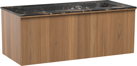 Balmani Forma zwevend badkamermeubel 120 x 55 cm teak met Tablo Arcato enkele wastafel voor 2 kraangaten in marmer portoro gold, Verticale symmetrische rechte ribbel