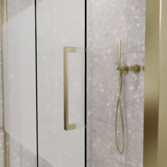 Balmani Senses Design douchehoek met linkse schuifdeur en vaste zijwand, 120 x 80 cm, Helder glas met matte strook, Brushed Champagne Gold profielen