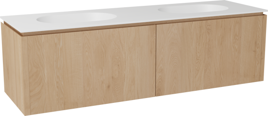 Balmani Eclips zwevend badkamermeubel 180 x 55 cm Natuur eik met Tablo Oval dubbele wastafel in Solid Surface mat wit
