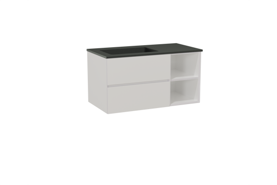 Storke Edge zwevend badmeubel 100 x 52 cm hoogglans wit met Scuro asymmetrisch linkse wastafel in kwarts mat zwart