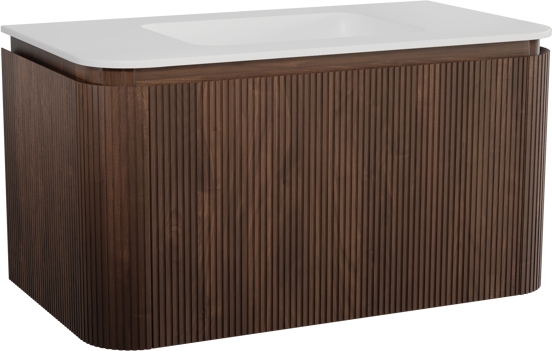 Balmani Moon hängendes Möbelstück Set: 100 x 55 cm, Amerikanischer Nussbaum, mit Moon Einzelwaschtisch, Solid Surface, Weiß matt, Vertikale symmetrische gerade Rippe