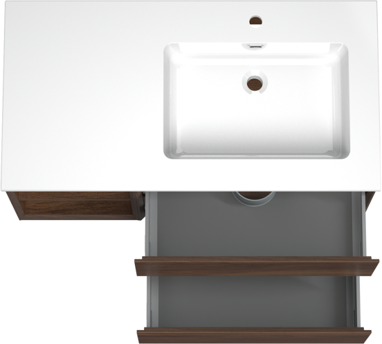 Storke Edge zwevend badmeubel 100 x 52 cm notenhout met Diva asymmetrisch rechtse wastafel in composietmarmer hoogglans wit