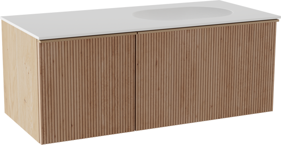 Balmani Forma hängendes Möbelstück Set: 120 x 55 cm, Naturbelassene Eiche, mit Tablo Oval Waschtisch rechts, Solid Surface, Weiß matt, Vertikale symmetrische gerade Rippe