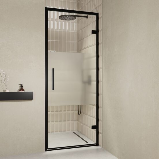 Balmani Senses Design douche draaideur rechts 90 cm x 210 cm Helder glas met matte strook, Zwarte profielen, met coating