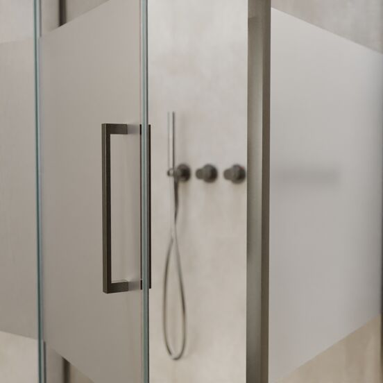 Balmani Senses Design douchehoek met linkse draaideur en vaste zijwand, 100 x 100 cm, Helder glas met matte strook, Brushed GunMetal profielen, met coating