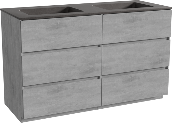 Storke Edge staand badmeubel 130 x 52 cm beton donkergrijs met Scuro dubbele wastafel in kwarts mat zwart