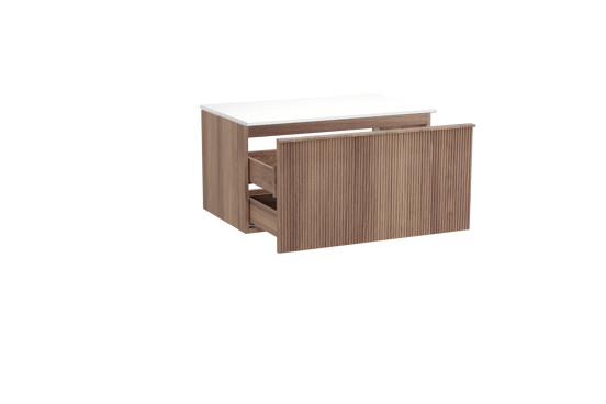 Balmani Forma hängendes Möbelstück Set: 90 x 55 cm, Teak, mit Stretto Einzel Waschtischplatte, Solid Surface, Weiß matt, Vertikale symmetrische gerade Rippe