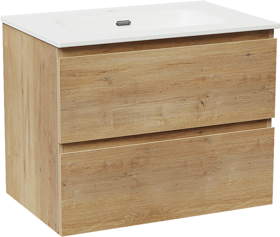 Linie Lado hängendes Möbelstück Set: 70 x 46 cm, Naturbelassene Eiche, mit Baro Einzelwaschtisch, Porzellan Weiß matt