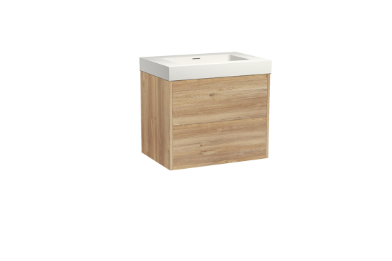 Storke Seda zwevend badkamermeubel 75 x 52 cm ruwe eik met Mata High enkele wastafel in solid surface mat wit