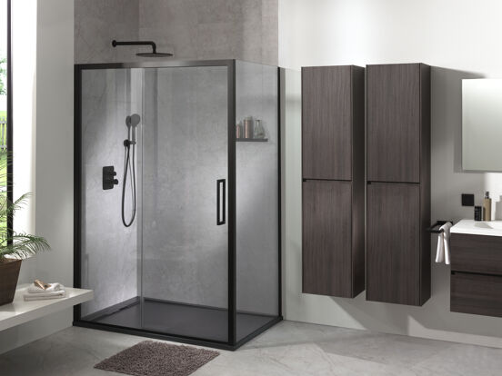 Luca Varess Senses douchecabine met schuifdeur en vaste zijwand 140 x 100 cm helder glas mat zwart profiel