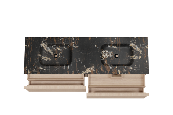 Balmani Forma zwevend badkamermeubel 180 x 55 cm natuur eik met Tablo Arcato dubbele wastafel in marmer portoro gold, Horizontale symmetrische rechte ribbel