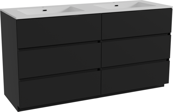Storke Edge staand badmeubel 150 x 52 cm mat zwart met Diva dubbele wastafel in composietmarmer hoogglans wit