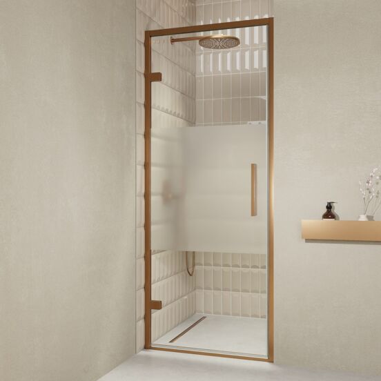 Balmani Senses Design douche draaideur links 90 cm x 210 cm Helder glas met matte strook, Brushed Rosegold profielen, met coating