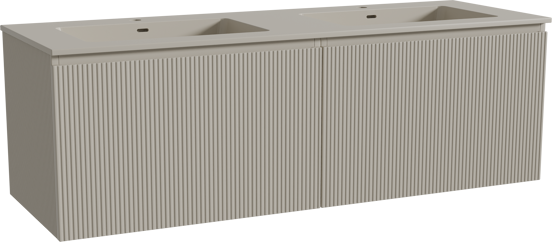 Storke Ribs zwevend badmeubel 150 x 52 cm zijdegrijs met Diva dubbele wastafel in top solid zijdegrijs, Verticale symmetrische rechte ribbel