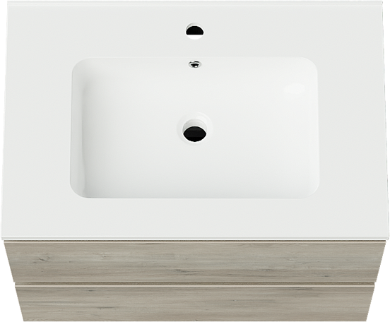Linie Lado hängendes Möbelstück Set: 70 x 46 cm, Graue Eiche, mit Vano Einzelwaschtisch, Marmorkomposit Weiß glänzend