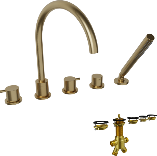 Blaufoss Round 5 trous Robinet de baignoire sur gorge brushed gold set douchette incl.