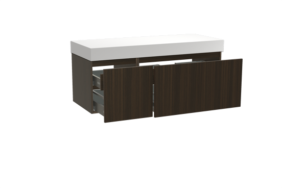 Balmani Sfera hängendes Möbelstück Set: 135 x 55 cm, Eucalyptus, mit Dominus Einzel- oder Doppel Waschtischplatte, Solid Surface Weiß matt