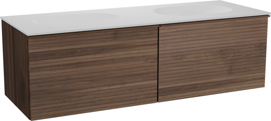 Balmani Forma meuble salle de bains suspendu 150 x 55 cm noyer américain avec Tablo Oval double vasque en solid surface blanc mat, Nervure droite symétrique horizontale