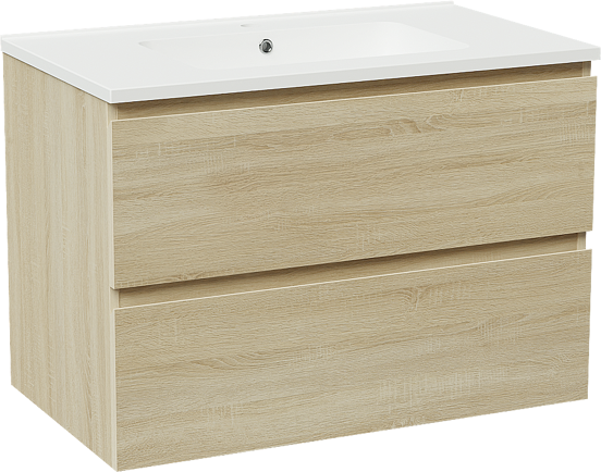 Linie Lado zwevend badmeubel 80 x 46 cm wit eiken met Vano enkele wastafel in composietmarmer mat wit