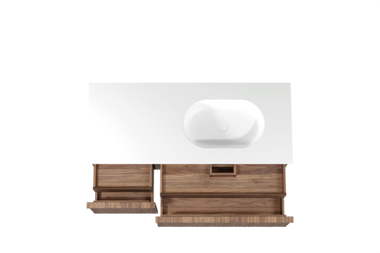 Balmani Forma zwevend badkamermeubel 135 x 55 cm amerikaanse notelaar met Tablo Oval asymmetrisch rechtse wastafel in solid surface mat wit, Verticale asymmetrische ronde ribbel