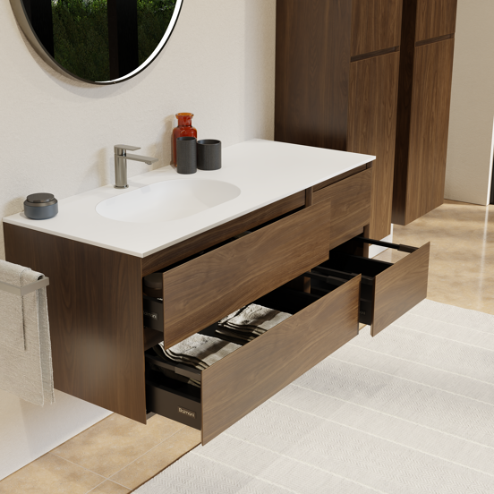 Balmani Mitra meuble salle de bains suspendu 135 x 55 cm noyer américain avec Tablo Oval vasque asymétrique gauche en solid surface blanc mat