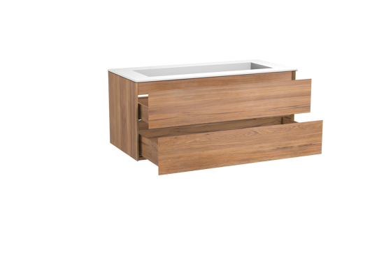 Balmani Mitra meuble salle de bains suspendu 120 x 55 cm teck avec Tablo Stretto lavabo simple pour 2 trous de robinet en solid surface blanc mat