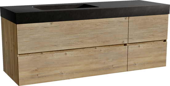 Storke Edge meuble salle de bains suspendu 150 x 52 cm chêne brut avec Scuro High vasque asymétrique gauche en quartz noir mat