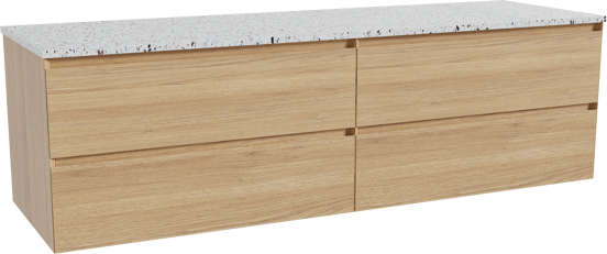 Balmani Mitra zwevend badkamermeubel 180 x 55 cm natuur eik met Stretto enkel of dubbel tablet in mat wit/zwart terrazzo