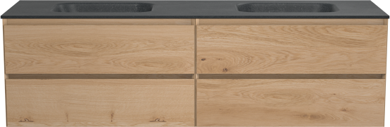 Balmani Mitra zwevend badkamermeubel 180 x 55 cm naturel eiken met Tablo Arcatto dubbele wastafel in verzoete graniet