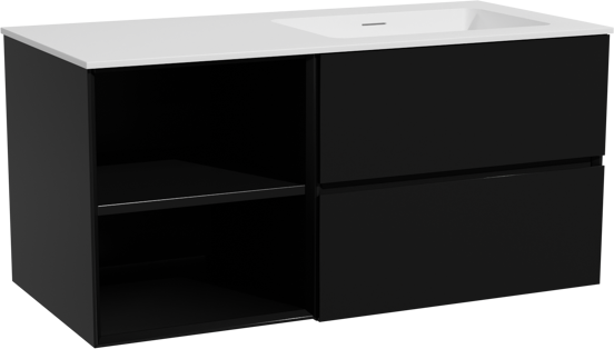 Storke Edge zwevend badmeubel 110 x 52 cm mat zwart met Mata asymmetrisch rechtse wastafel in solid surface mat wit