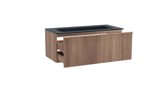 Balmani Forma zwevend badkamermeubel 120 x 55 cm teak met Tablo Strada enkele wastafel voor 2 kraangaten in composietmarmer mat zwart, Verticale symmetrische rechte ribbel