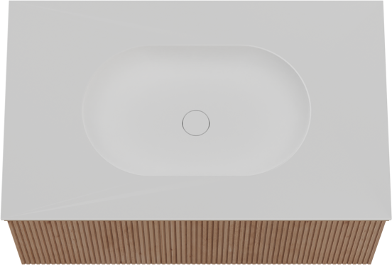 Balmani Forma zwevend badkamermeubel 90 x 55 cm natuur eik met Tablo Oval enkele wastafel in solid surface mat wit, Verticale symmetrische rechte ribbel
