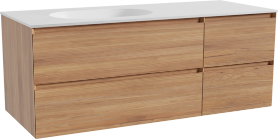Balmani Mitra meuble salle de bains suspendu 135 x 55 cm teck avec Tablo Oval vasque asymétrique gauche en solid surface blanc mat