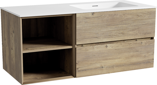 Storke Edge meuble salle de bains suspendu 120 x 52 cm chêne brut avec Mata plan vasque asymétrique à droite en solid surface blanc mat
