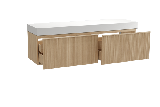 Balmani Forma hängendes Möbelstück Set: 180 x 55 cm, Naturbelassene Eiche, mit Dominus Einzel- oder Doppel Waschtischplatte, Solid Surface, Weiß matt, Vertikale asymmetrische Runde Rippe