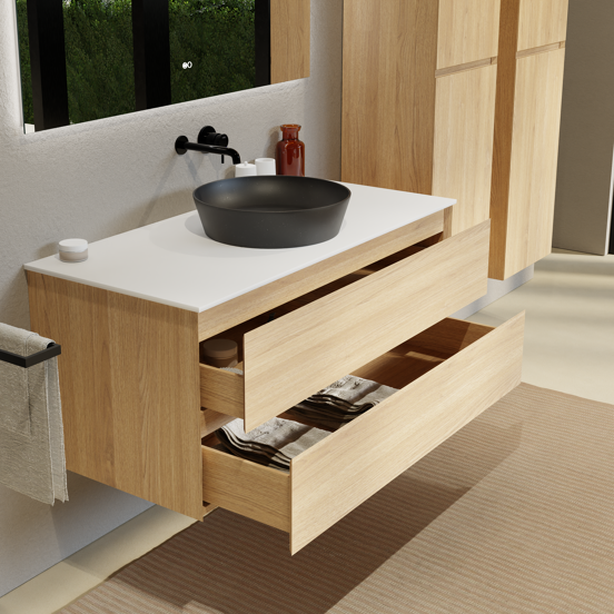 Balmani Mitra zwevend badkamermeubel 120 x 55 cm natuur eik met Stretto enkel of dubbel tablet in solid surface mat wit