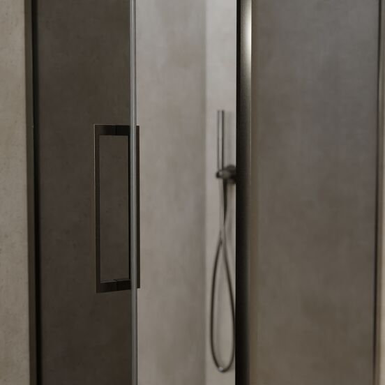 Balmani Senses Design douchehoek met linkse draaideur en vaste zijwand, 90 x 90 cm, Rookglas, Brushed GunMetal profielen, met coating