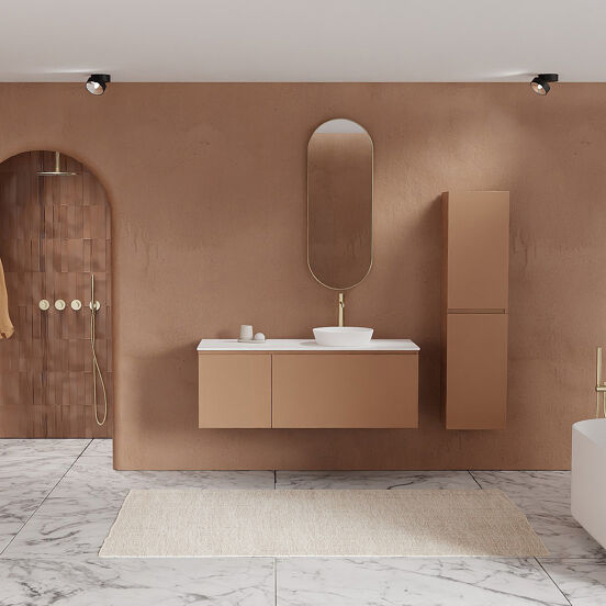 Balmani Sfera meuble salle de bains suspendu 135 x 55 cm cotto avec Stretto tablette simple ou double en solid surface blanc mat