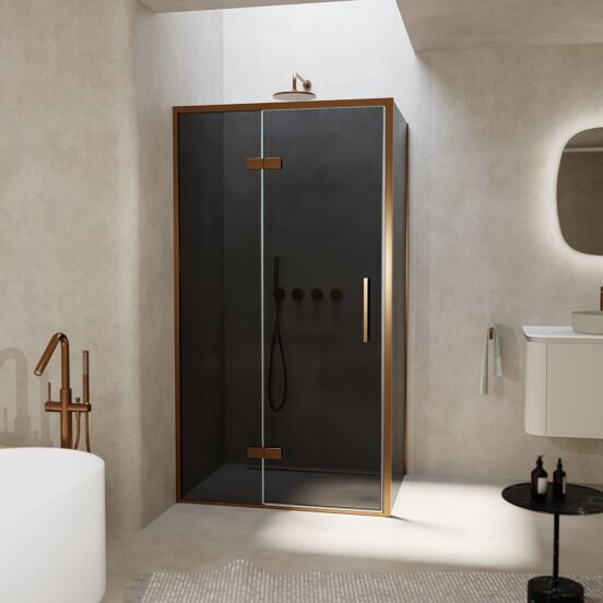 Balmani Senses Design douchehoek met linkse draaideur en vaste zijwand, 100 x 100 cm, Rookglas, Brushed Rosegold profielen, met coating