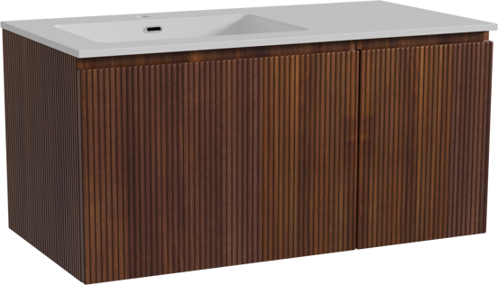 Storke Ribs zwevend badmeubel 100 x 52 cm notenhout met Diva asymmetrisch linkse wastafel in composietmarmer hoogglans wit, Verticale symmetrische rechte ribbel