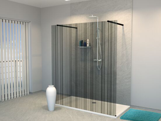 Balmani Modular douche à l'italienne avec paroi autoportante 180 x 200 cm verre code barre noir profil noir mat